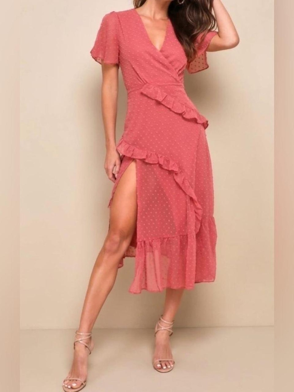 NWT Lulu's Pink Wrap Ruffle Maxi Dress